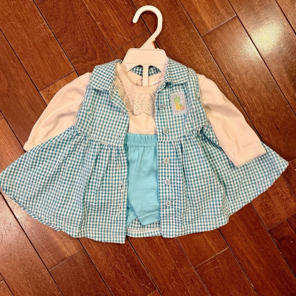 3pc NEW!‎ 90s VTG Baby Girl Sz 3-6 Months Outfit Blue Gingham Dress Bloomers